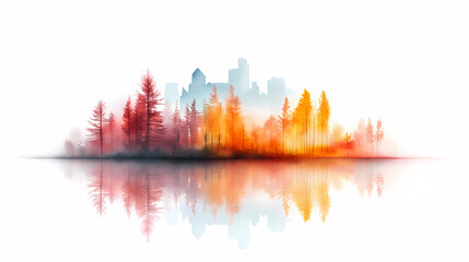 Fototapeta premium Captivating cityscape reflection amid vibrant autumn forests creating a stunning visual contrast of nature and urban life