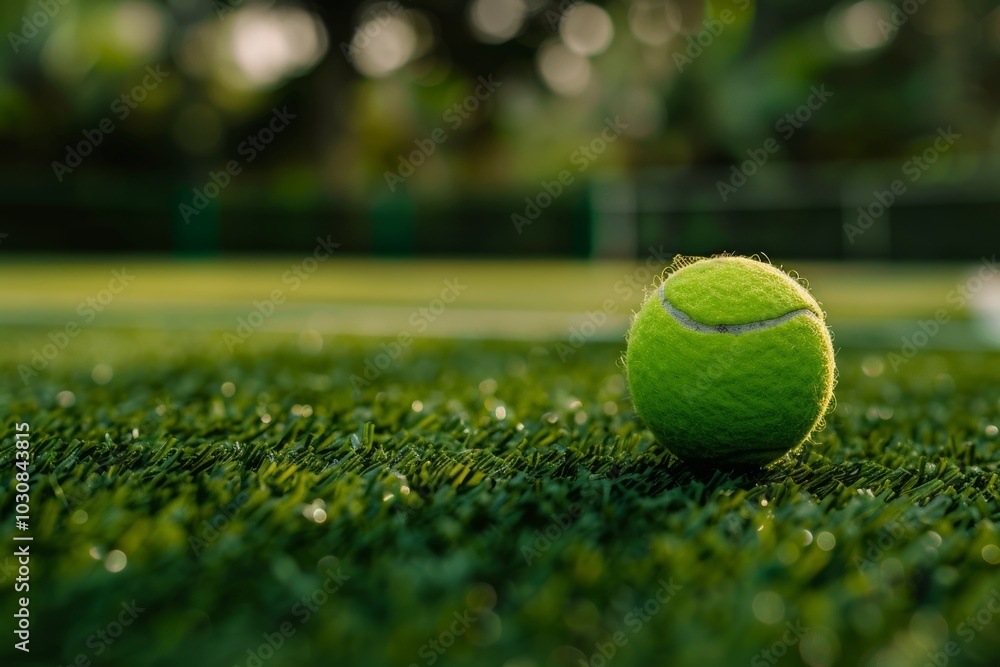 Wall mural tennis ball on lush green court at sunrise