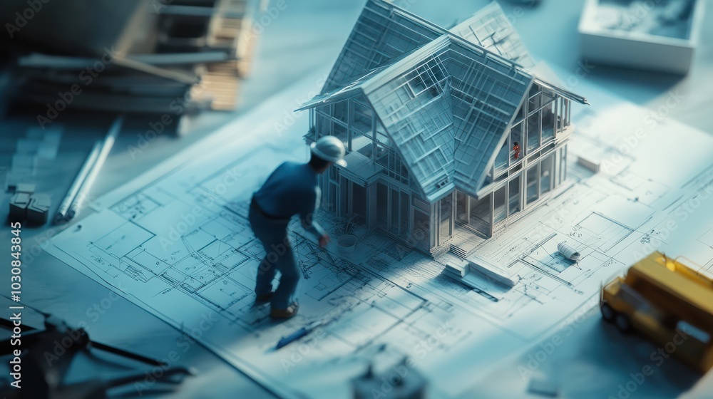 Poster building house on blueprints with worker - construction project