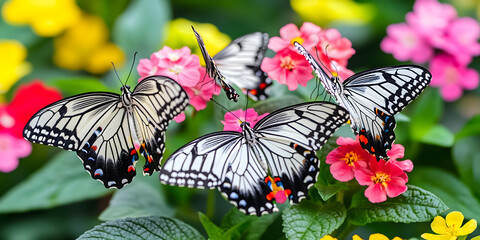 Um grupo de borboletas coloridas em flores