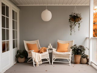 Porch decorated for halloween and fall. Outdoors sofa outside wooden house with halloween decor.
