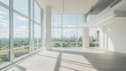 Fototapeta premium Spacious empty modern apartment with floor-to-ceiling windows, panoramic city skyline view, bright natural light, minimalistic interior 