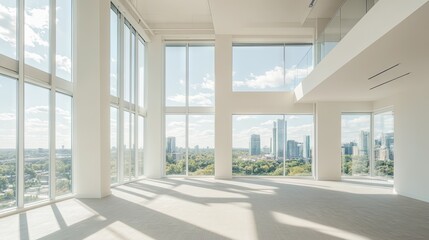 Fototapeta premium Spacious empty modern apartment with floor-to-ceiling windows, panoramic city skyline view, bright natural light, minimalistic interior 