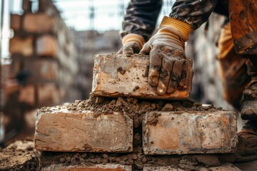 Construction Worker Building Brick Wall