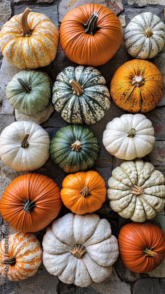 Poster a vibrant collection of pumpkins in different colors and sizes arranged neatly on a textured stone b