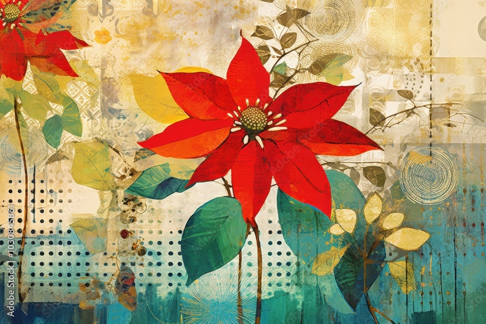 Aufkleber a vibrant red flower stands prominently against an abstract, textured background featuring intricate