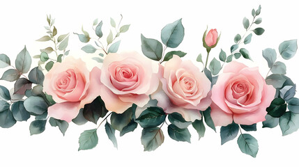 A watercolor illustration of pink roses with green leaves.