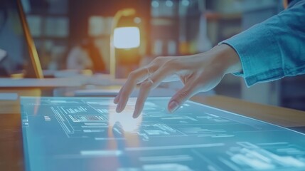 Close up ux developer and ui designer use augmented reality brainstorming about mobile app interface wireframe design on desk at modern office.Creative digital development agency