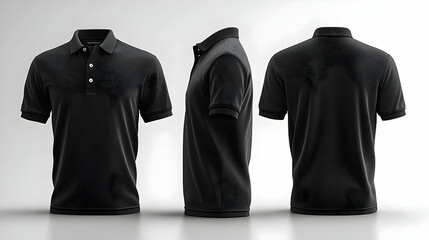 A black polo shirt displayed from three angles for design showcase.