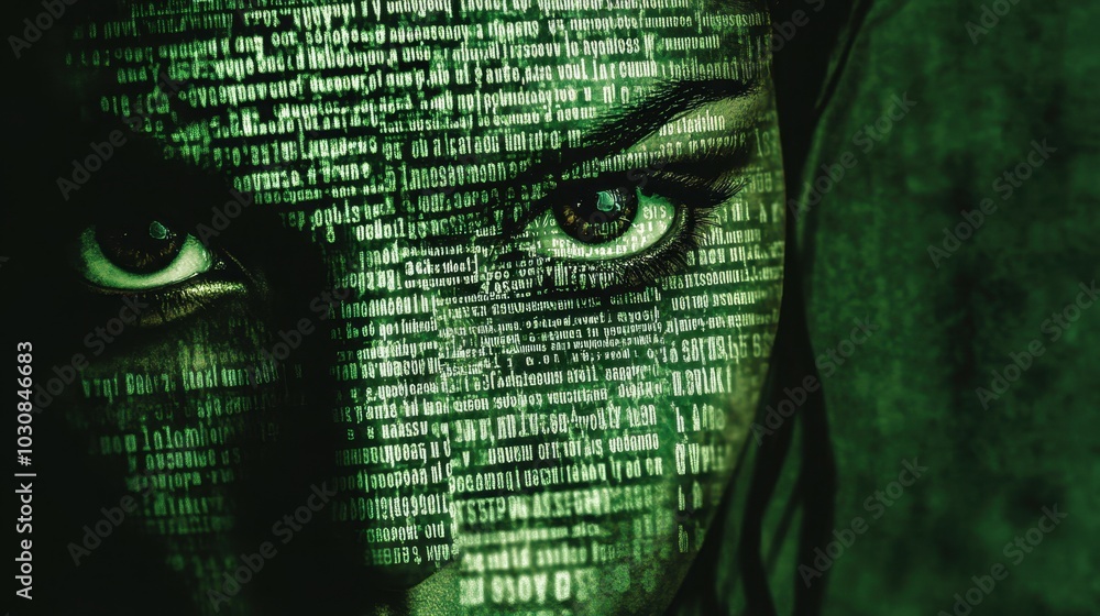 Aufkleber a close-up of a woman\'s face illuminated by glowing green digital code in a dark setting, symbolizi