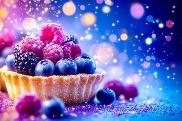 Delicious small fruit tarts filled with vibrant berries are beautifully arranged on a sparkling table, creating a festive atmosphere perfect for a celebration