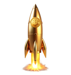 Golden Bitcoin Rocket Launching with Fire, Isolated on White Transparent Background, PNG Element. Golden bitcoin rocket symbol of bull market and crypto investment growth