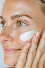 Close-up portrait of a woman applying moisturizer to her face showcasing bright skin highlighting skin care, Cream Smear, sun protection, natural beauty, and rejuvenation concept