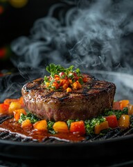 Sizzling Steak Dinner: A perfectly seared steak, still steaming, sits atop a bed of vibrant roasted vegetables and a rich sauce.