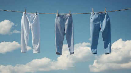 High-resolution photograph of three articles of hanging on a clothesline against a sky background, suitable for commercial use. The items include a white shirt and blue
