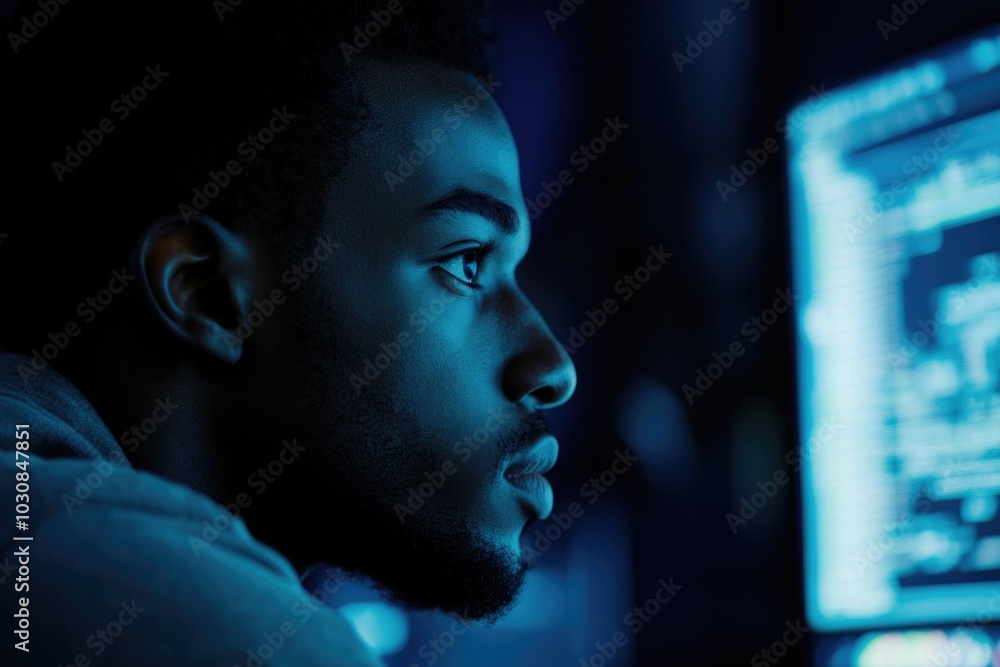Poster man staring at computer screen
