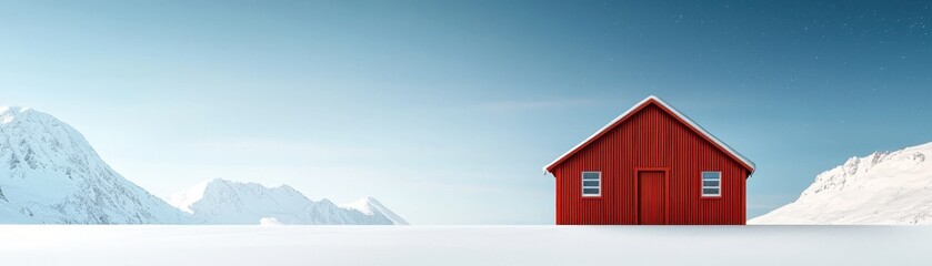 Red house in snowy landscape, clear blue sky, serene winter scene, white backdrop.