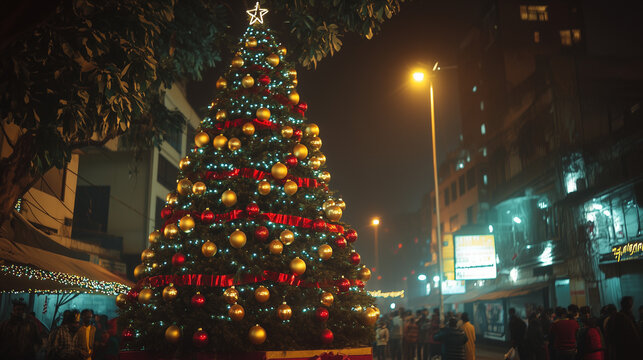 A tall and majestic Christmas tree in the middle of an Indian city, decorated with neon lights, gold and red Christmas balls, and traditional ribbons, Ai generated images - Powered by Adobe