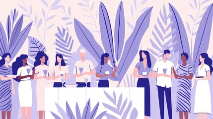Obraz premium Diverse Group of People Holding Drinks in a Purple-Toned Garden Setting