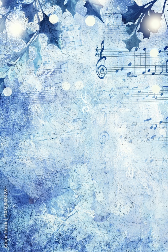 Poster a serene winter background showcases delicate snowflakes and musical notes blending harmoniously in 