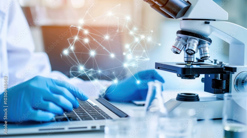 Poster scientist working on laptop with microscope and network connection