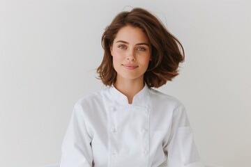 Fototapeta premium Portrait of Young Female Chef in White Uniform, Professional Culinary Setting, Minimalistic Studio Background, Natural Light, Calm and Confident Expression, Copy Space for Branding