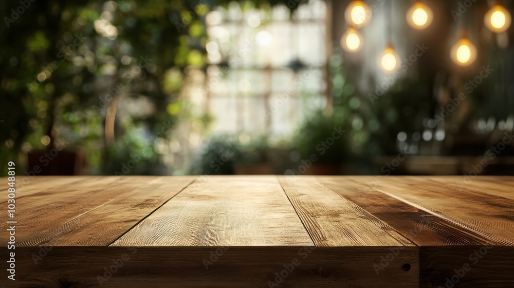 Poster empty rustic wood table and blurred soft light table in restaurant with bokeh background. product di