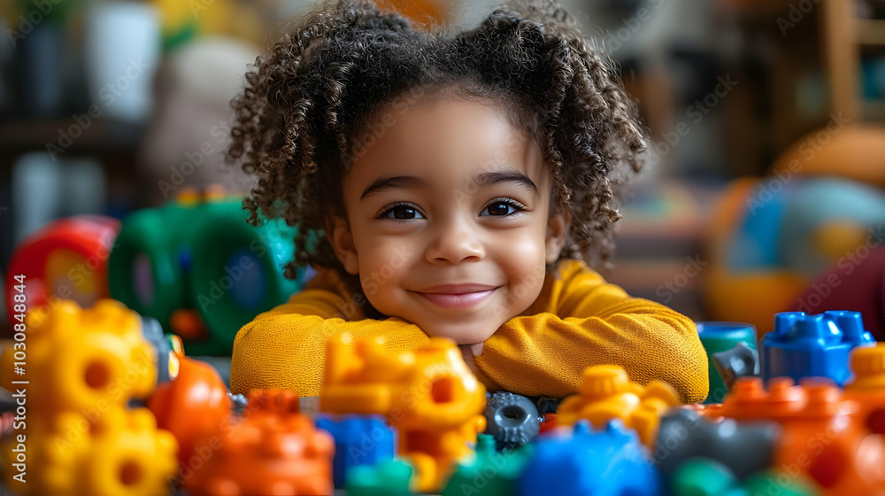 Poster a smiling child playing with colorful building blocks.