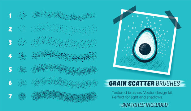 Grain scatter brushes set. Abstract grunge textures. Vector design kit for creating noise effect, grunge texture, paint splash, halftone. Swatches included. Editable size and color. Isolated strokes.