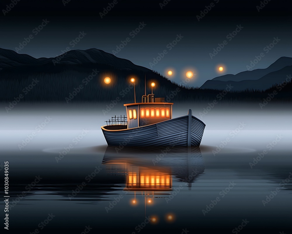 Poster serene evening on the water with a charming boat illuminated by soft lights reflecting on the calm s