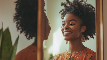 The woman stands confidently in front of a mirror, smiling as she practices her expressions in a serene, sunny space