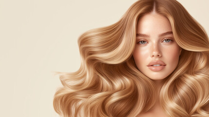 Naklejka premium Portrait of young dark blonde woman with smooth silky hair highlighting hair care concept, including shampoo, conditioner, and styling products for beautiful, healthy hair, copy space for text