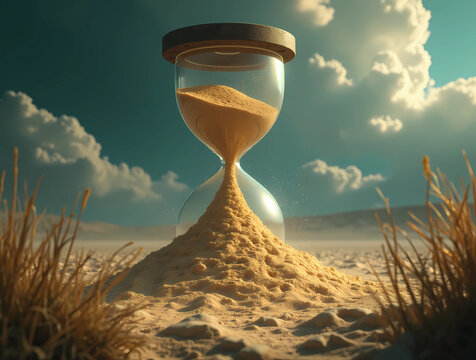 Sanduhr im Sonnenlicht in einer W&uuml;stenlandschaft. Die Zeit f&uuml;r Umweltschutz l&auml;uft ab.
