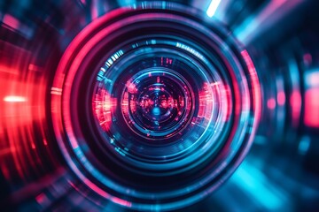 Obraz premium Close-up of a Futuristic Camera Lens with Blue and Red Light