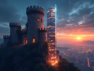 Fototapeta premium Futuristische Skyline: Alt trifft Neu im Abendrot