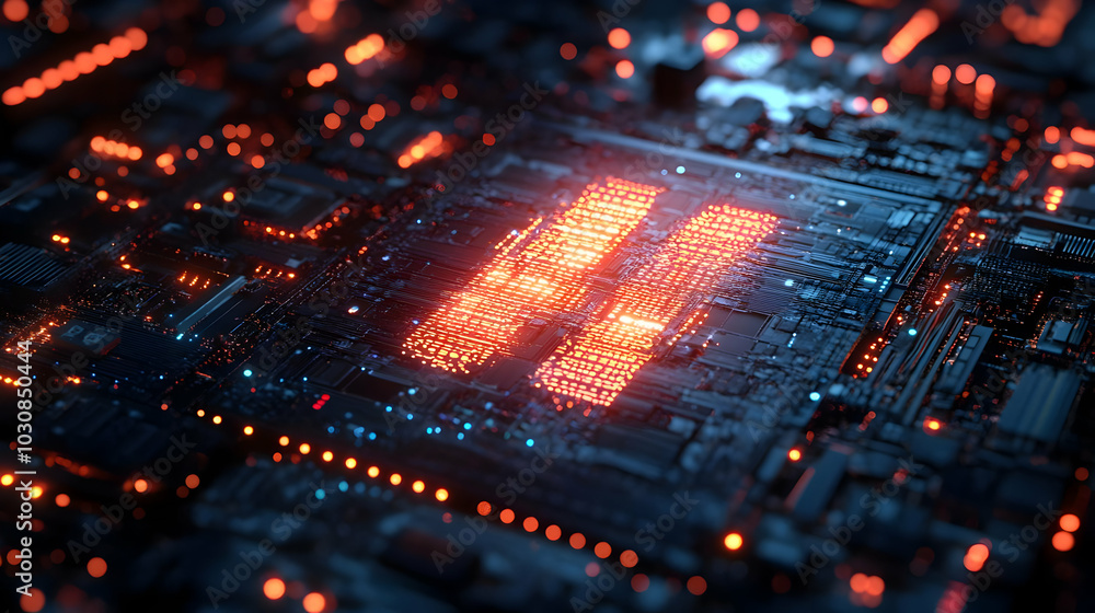 Poster a close-up of a futuristic circuit board with glowing elements.