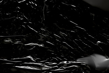 Dark abstract texture with glossy, reflective surfaces creating sharp highlights and flowing lines.