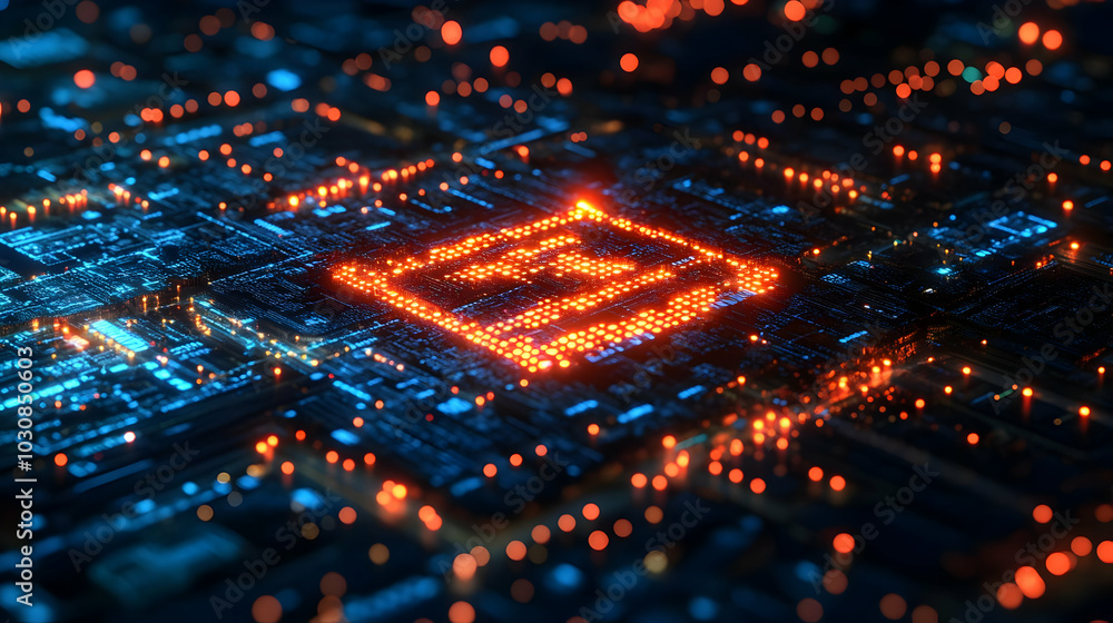 Poster abstract representation of technology with glowing circuitry and symbols.