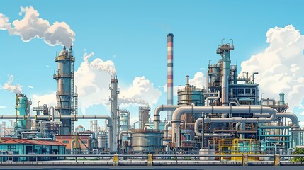 Fototapeta premium Exterior view of a chemical plant, featuring a network of pipes and ducts against industrial buildings and smokestacks. Detailed illustration of an industrial background, oil refinery. High