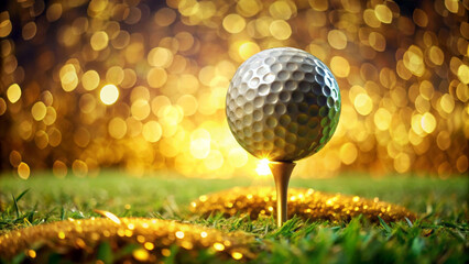 A golf ball sits on a tee surrounded by lush green grass with stunning golden bokeh lights. The composition emphasizes the feeling of celebration and luxury in a golfing environment. AI generated.
