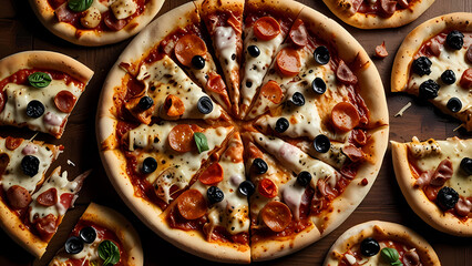 Kinds of pizza on a wooden table seen from above