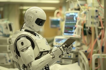 Fototapeta premium Robot in Hospital Holding Cell Phone
