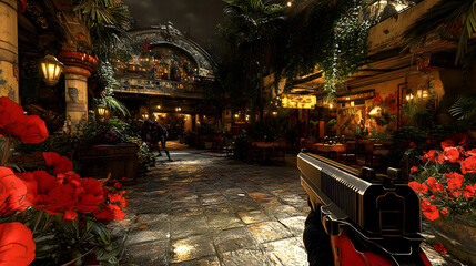 Naklejka premium Vivid First Person Shooter Perspective with a Humorous Cartoon Showdown Against a Zombie in Animation