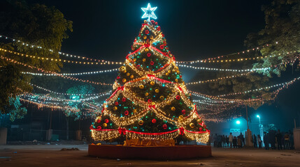 A tall and majestic Christmas tree in the middle of an Indian city, decorated with neon lights, gold and red Christmas balls, and traditional ribbons, Ai generated images