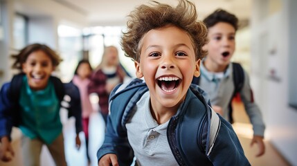schoolchildren run out of school after lessons