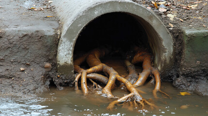 Clogged drainage pipe filled with thick tree roots, causing water blockage