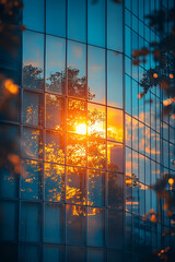 Naklejka premium A stunning reflection of a sunset in a glass building, surrounded by trees, showcasing vibrant colors and urban beauty.