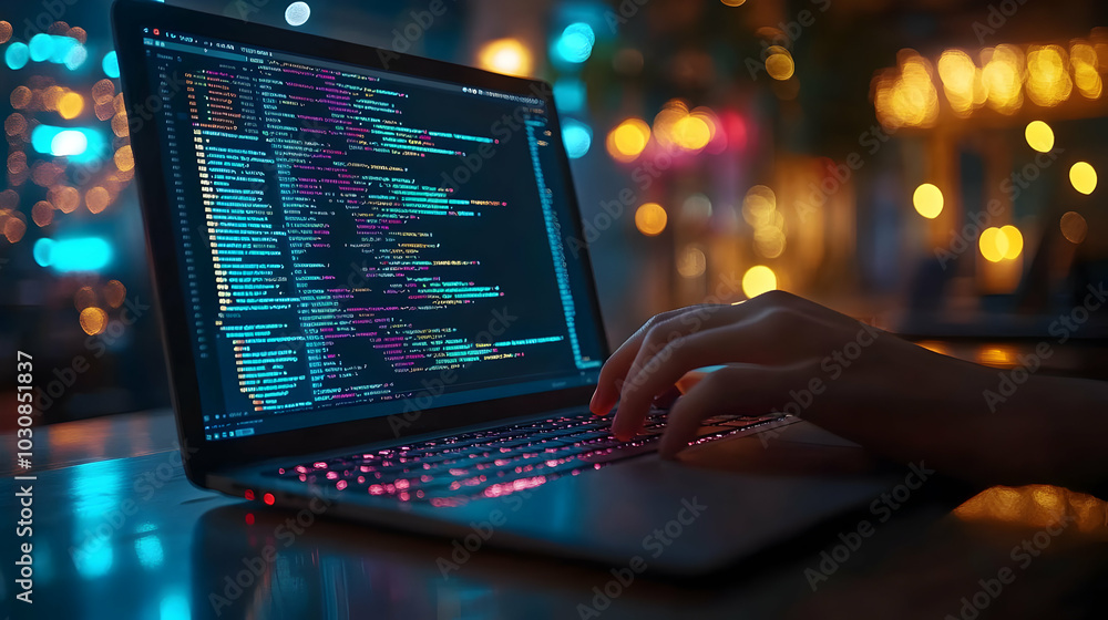 Poster a close-up of a laptop displaying colorful code at night.
