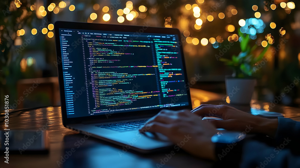 Poster a person coding on a laptop surrounded by soft, ambient lighting.