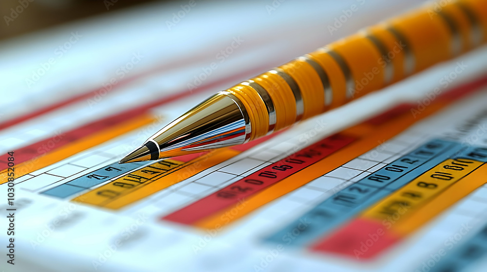 Poster a close-up of a pen resting on a colorful chart or report.